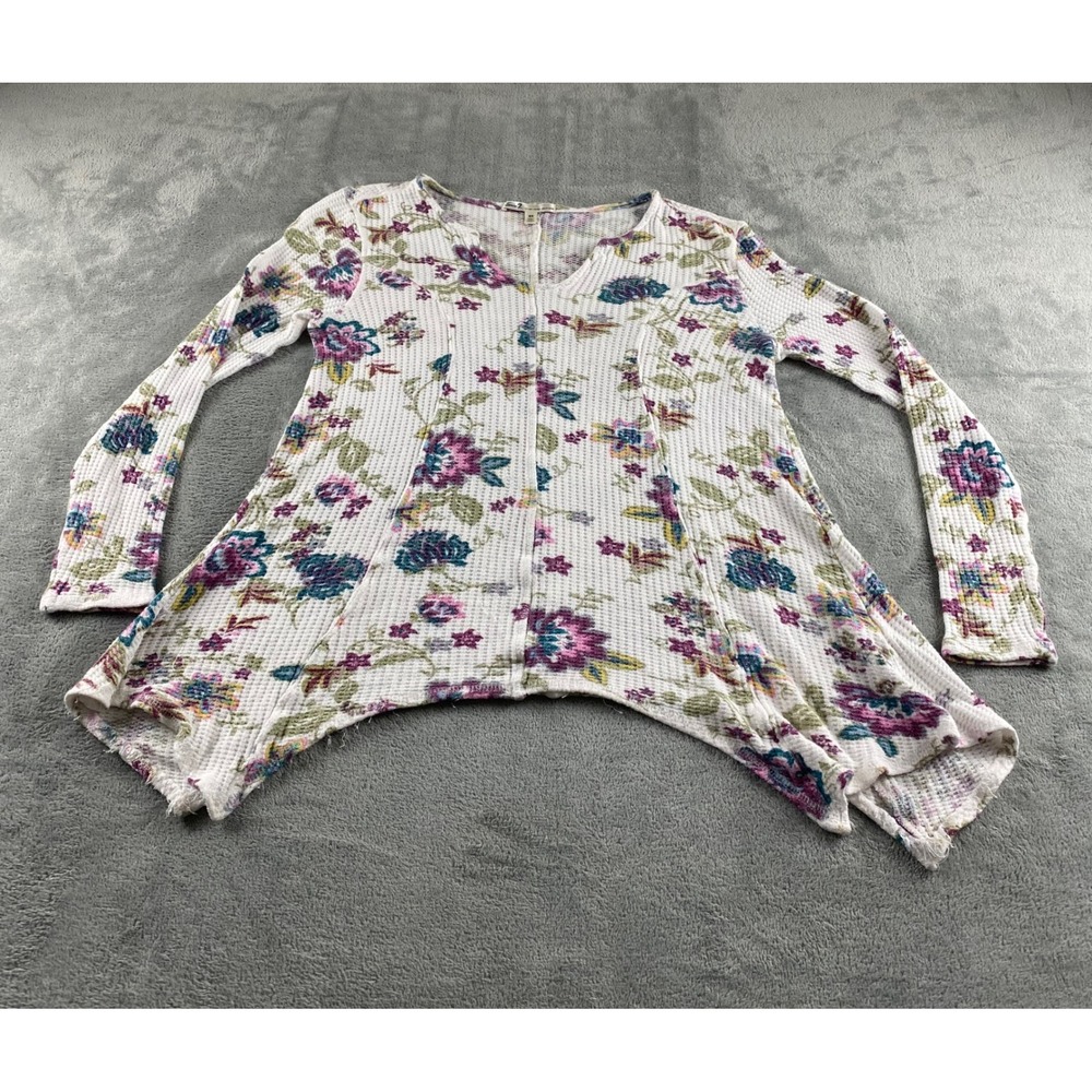 Seven7 Womens Floral Waffle Knit Sharkbite‎ Hem Tunic Top White Purple Medium
